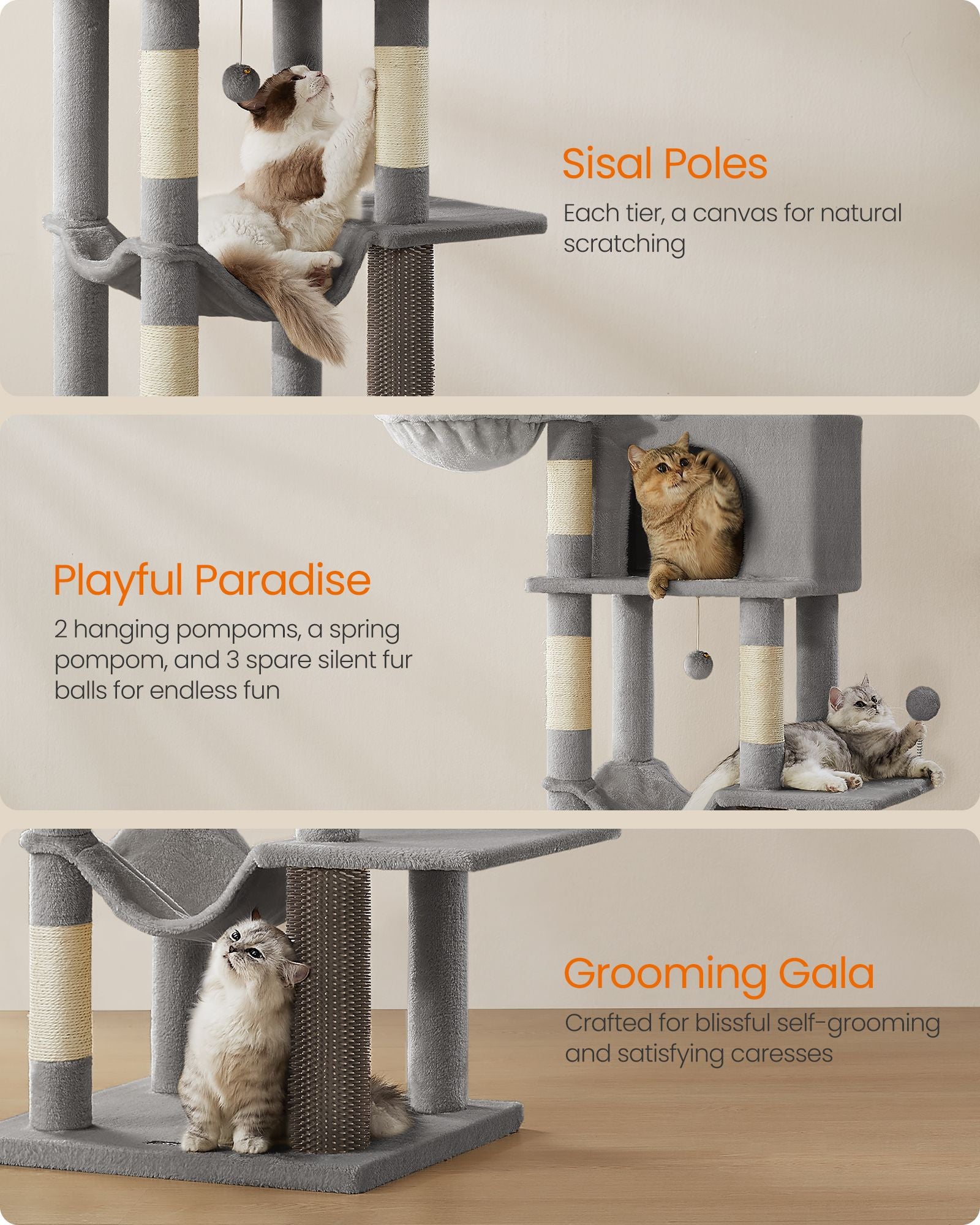 Tall Cat Tree Tower, 69", Multi-Level, Hammock, Caves, Sisal Posts, Plush