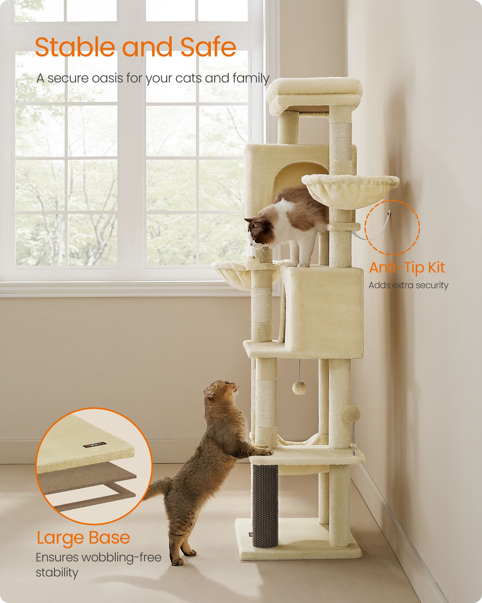 Tall Cat Tree Tower, 69", Multi-Level, Hammock, Caves, Sisal Posts, Plush