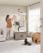 Tall Cat Tree Tower, Litter Box Cabinet, Feeding Station, Perches, Cushions