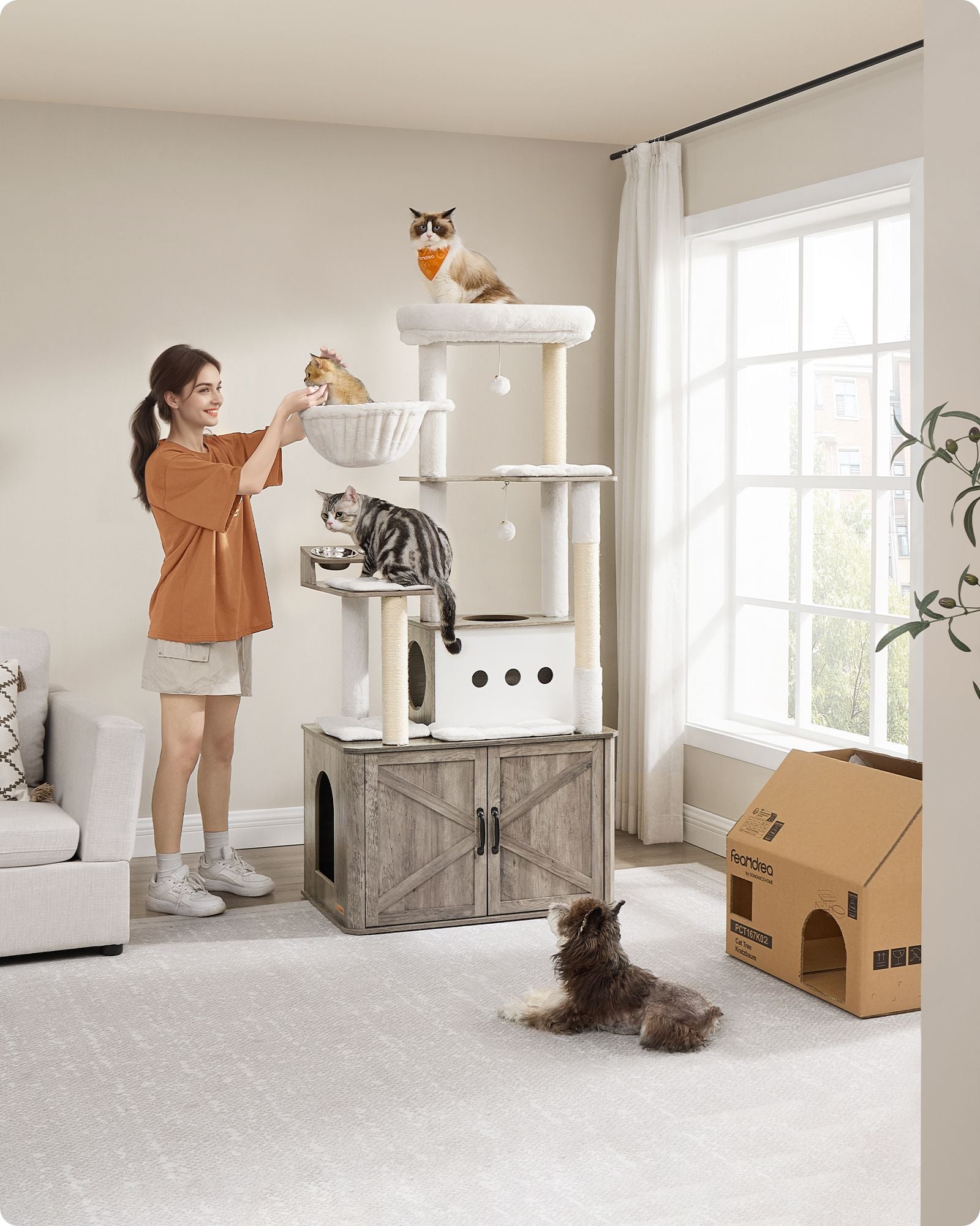 Tall Cat Tree Tower, Litter Box Cabinet, Feeding Station, Perches, Cushions