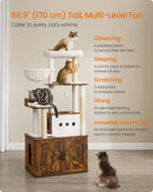 Tall Cat Tree Tower, Litter Box Cabinet, Feeding Station, Perches, Cushions
