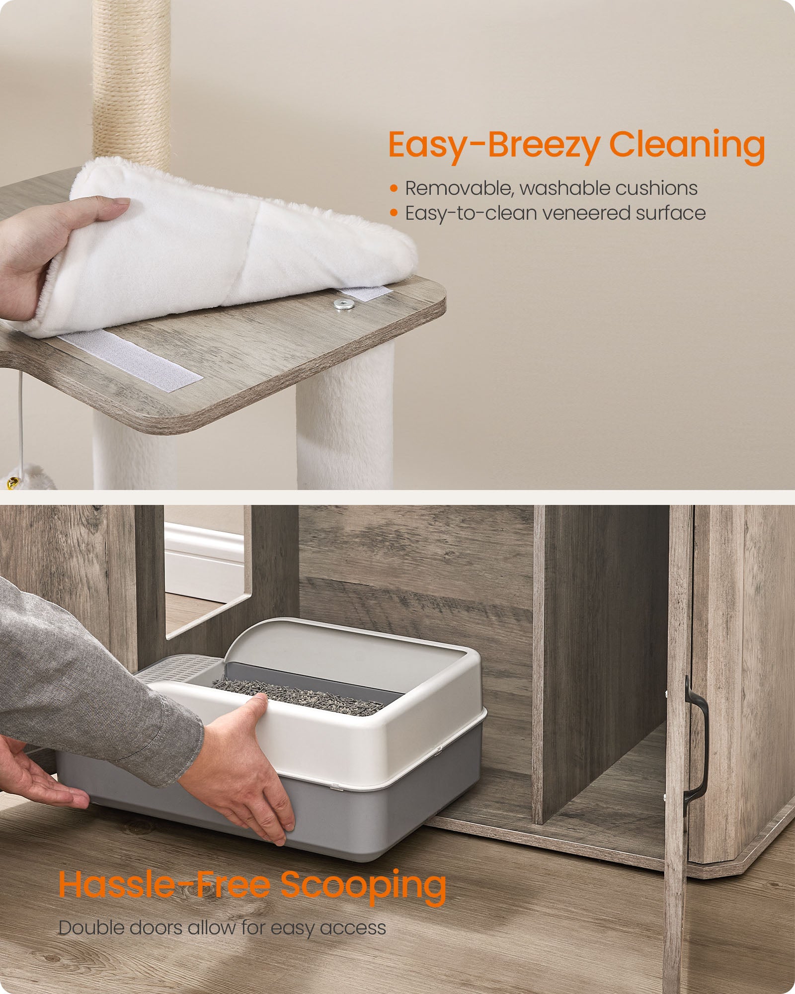 Tall Cat Tree Tower, Litter Box Cabinet, Feeding Station, Perches, Cushions