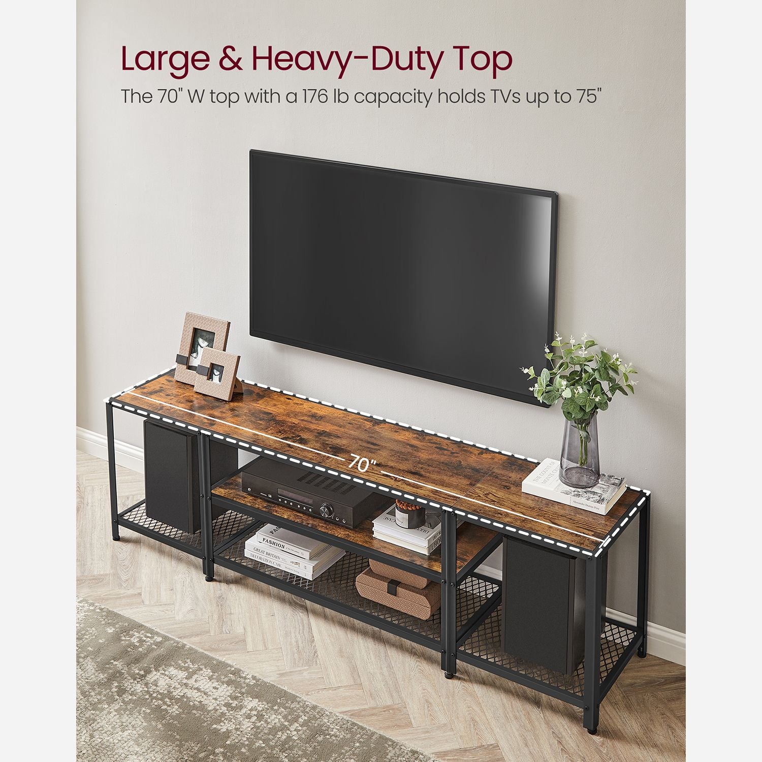 Tv stand with mesh shelf - rustic industrial console table for tvs up to 70"