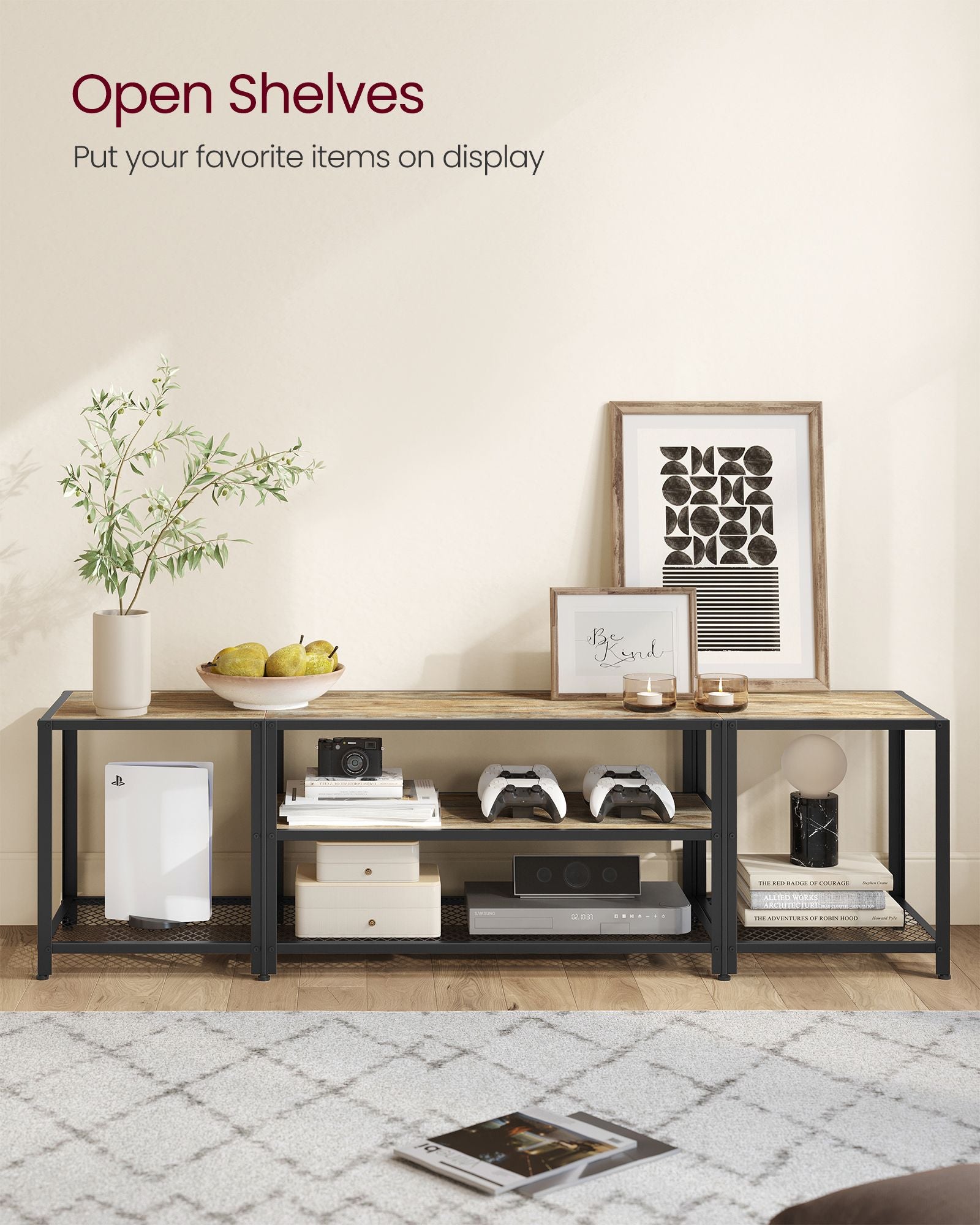 Tv stand with mesh shelf - rustic industrial console table for tvs up to 70"