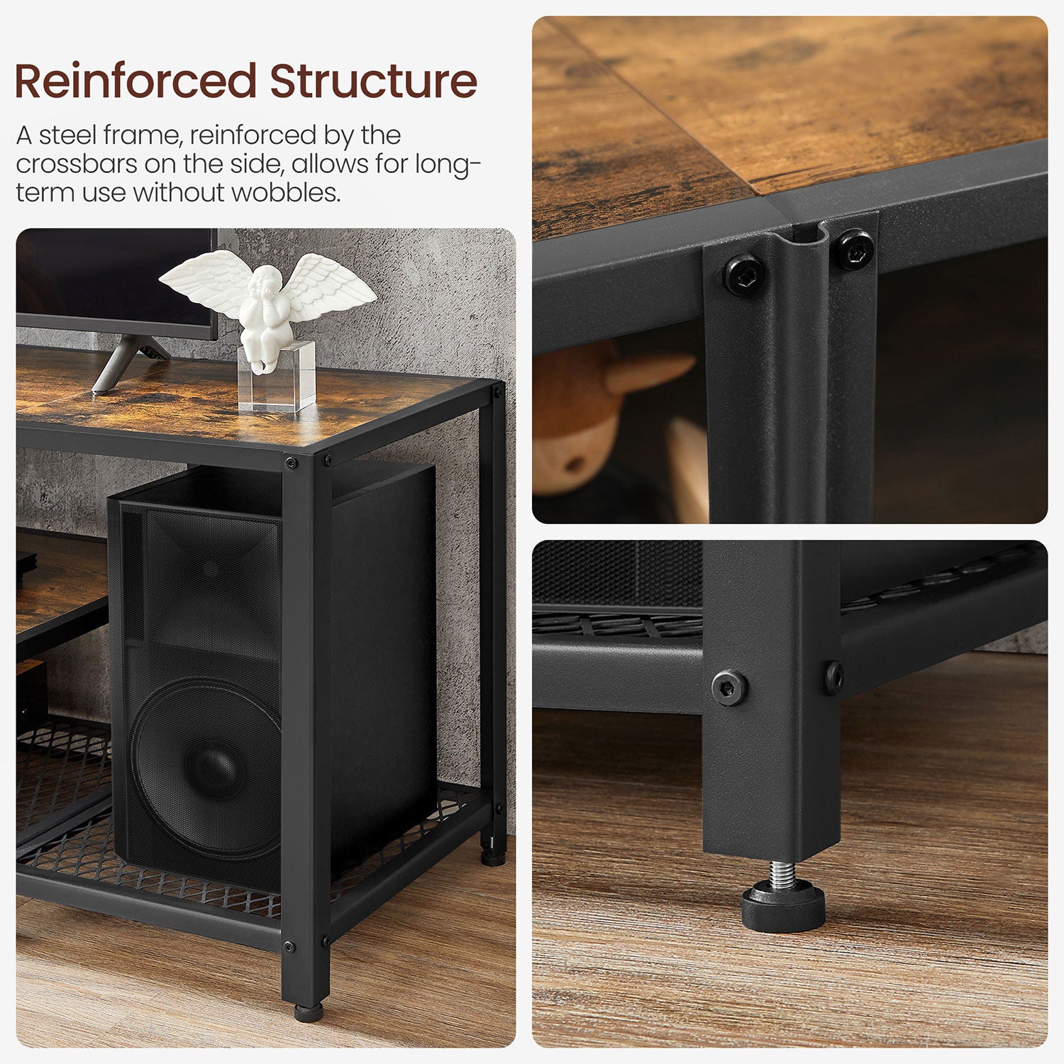 Tv stand with mesh shelf - rustic industrial console table for tvs up to 70"