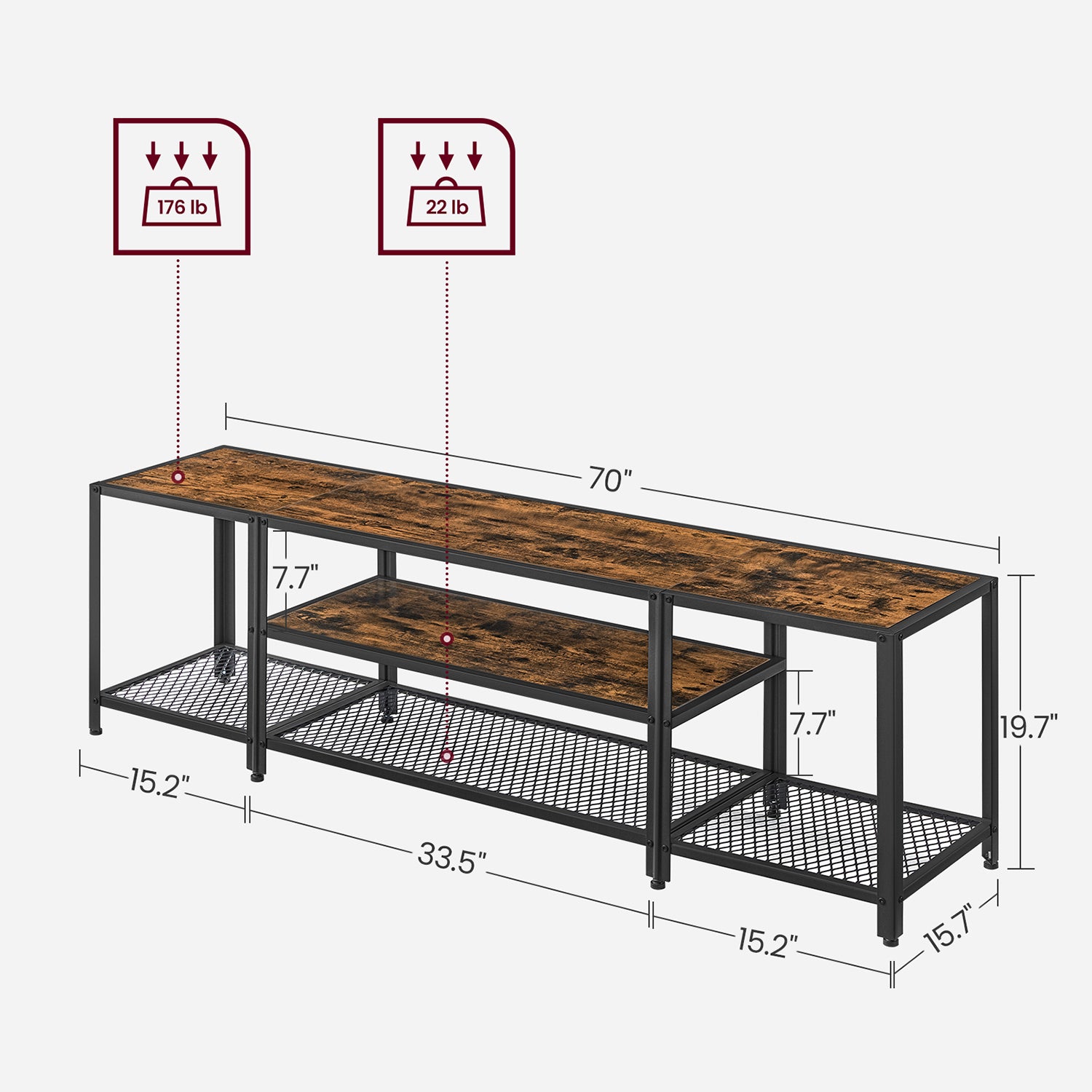 Tv stand with mesh shelf - rustic industrial console table for tvs up to 70"