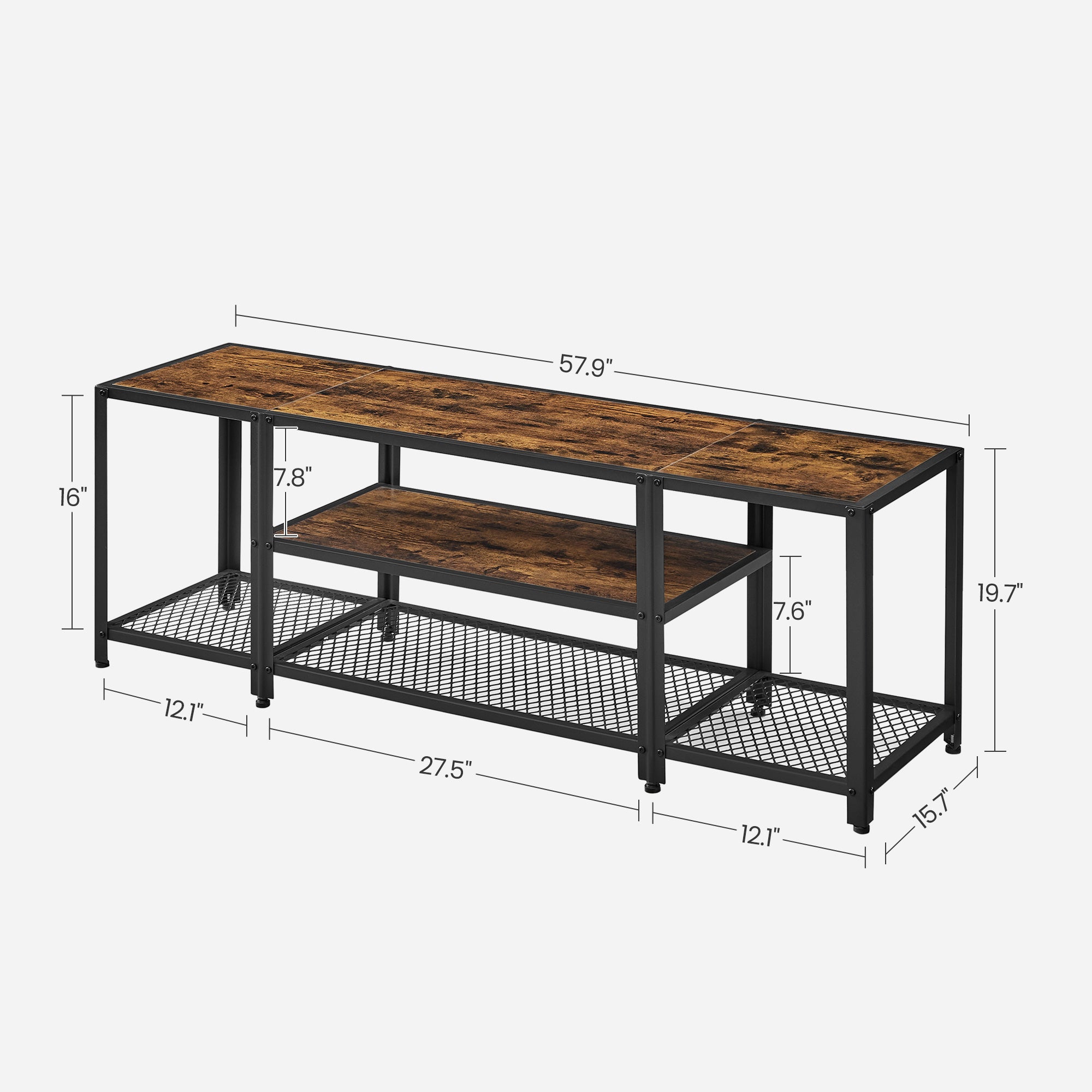 Tv stand with mesh shelf - rustic industrial console table for tvs up to 70"