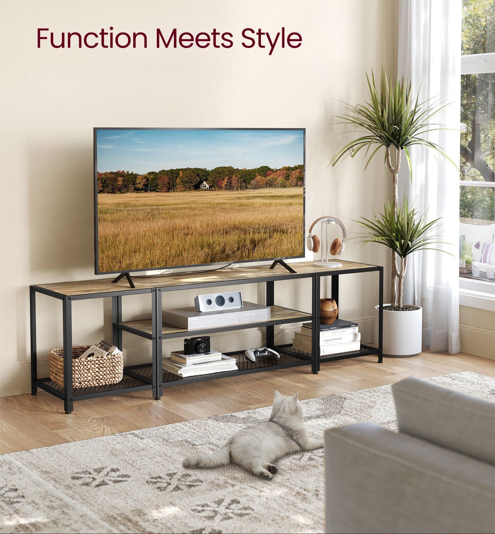 Tv stand with mesh shelf - rustic industrial console table for tvs up to 70"