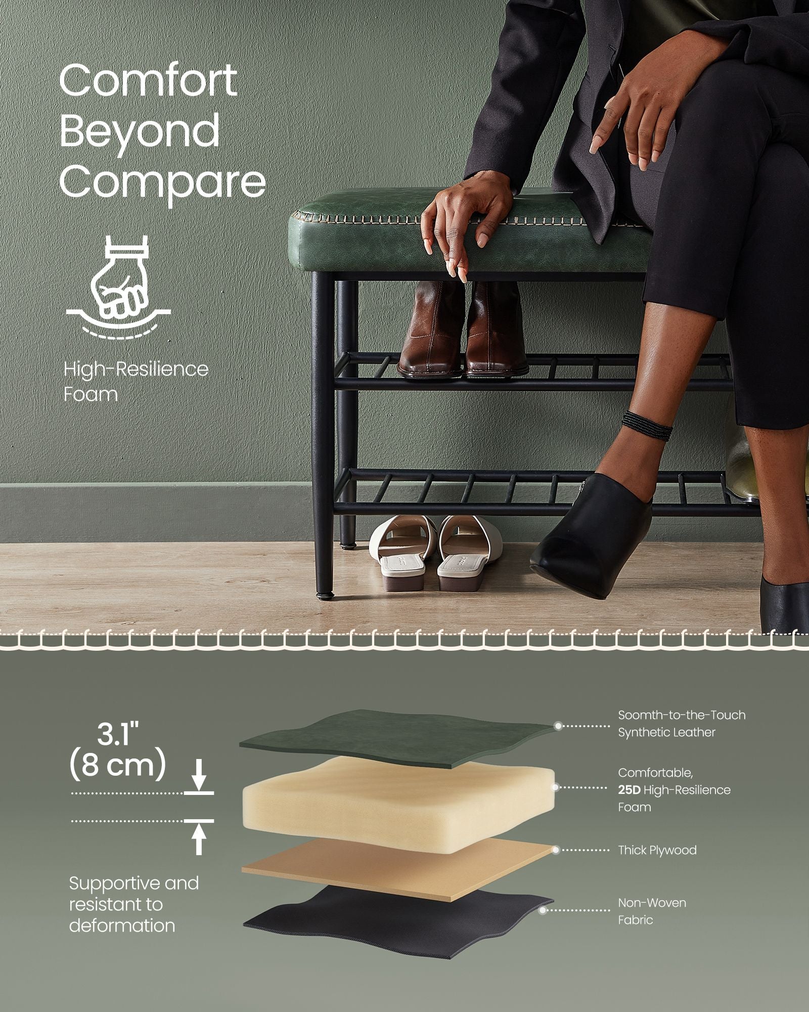 Upholstered Shoe Bench – EKHO Collection – 3-Tier Storage – Padded Seat – Steel Frame