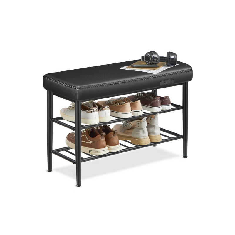 Upholstered Shoe Bench – EKHO Collection – 3-Tier Storage – Padded Seat – Steel Frame