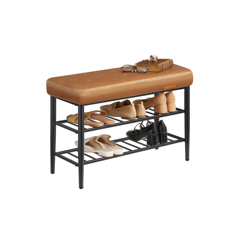 Upholstered Shoe Bench – EKHO Collection – 3-Tier Storage – Padded Seat – Steel Frame