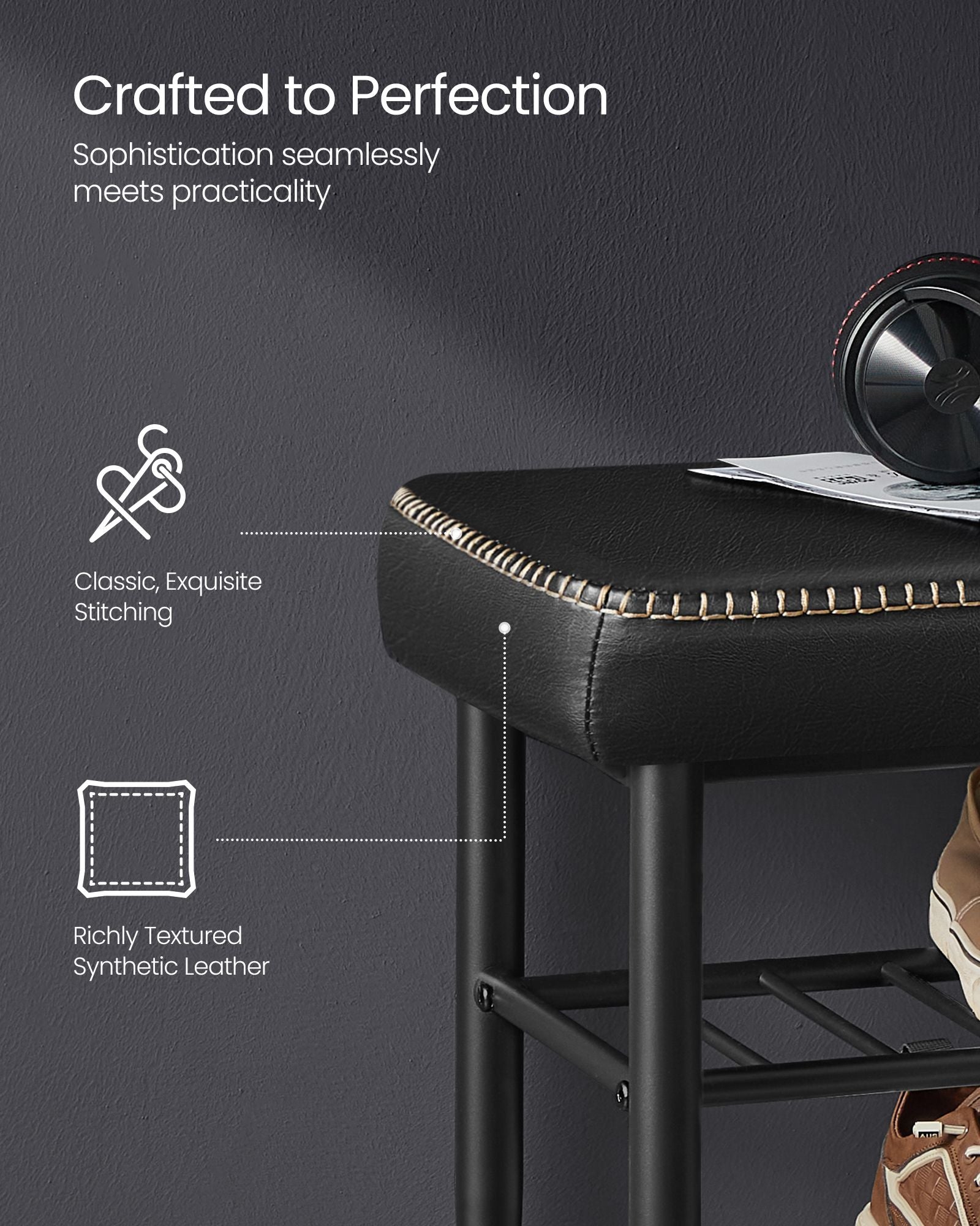 Upholstered Shoe Bench – EKHO Collection – 3-Tier Storage – Padded Seat – Steel Frame