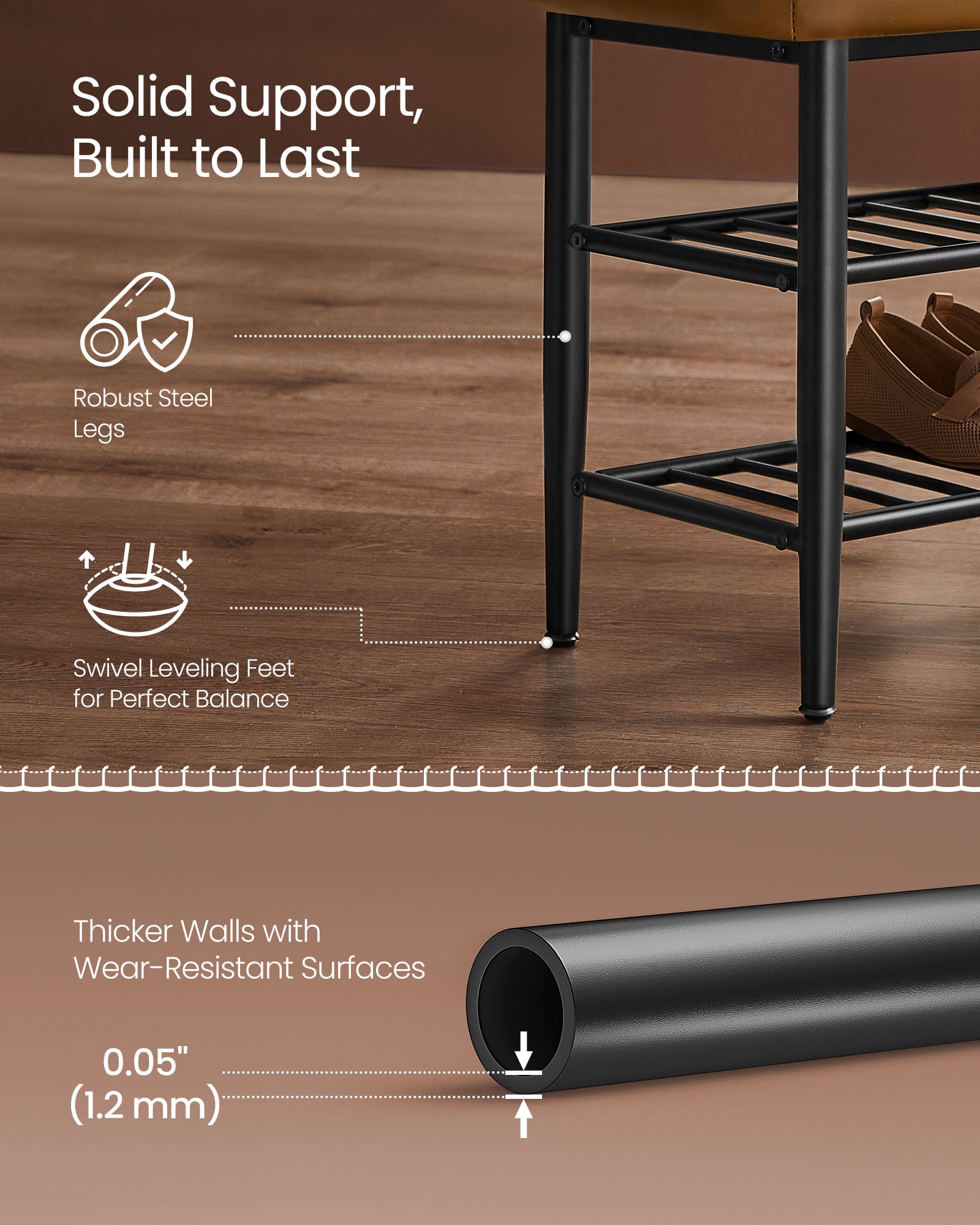 Upholstered Shoe Bench – EKHO Collection – 3-Tier Storage – Padded Seat – Steel Frame