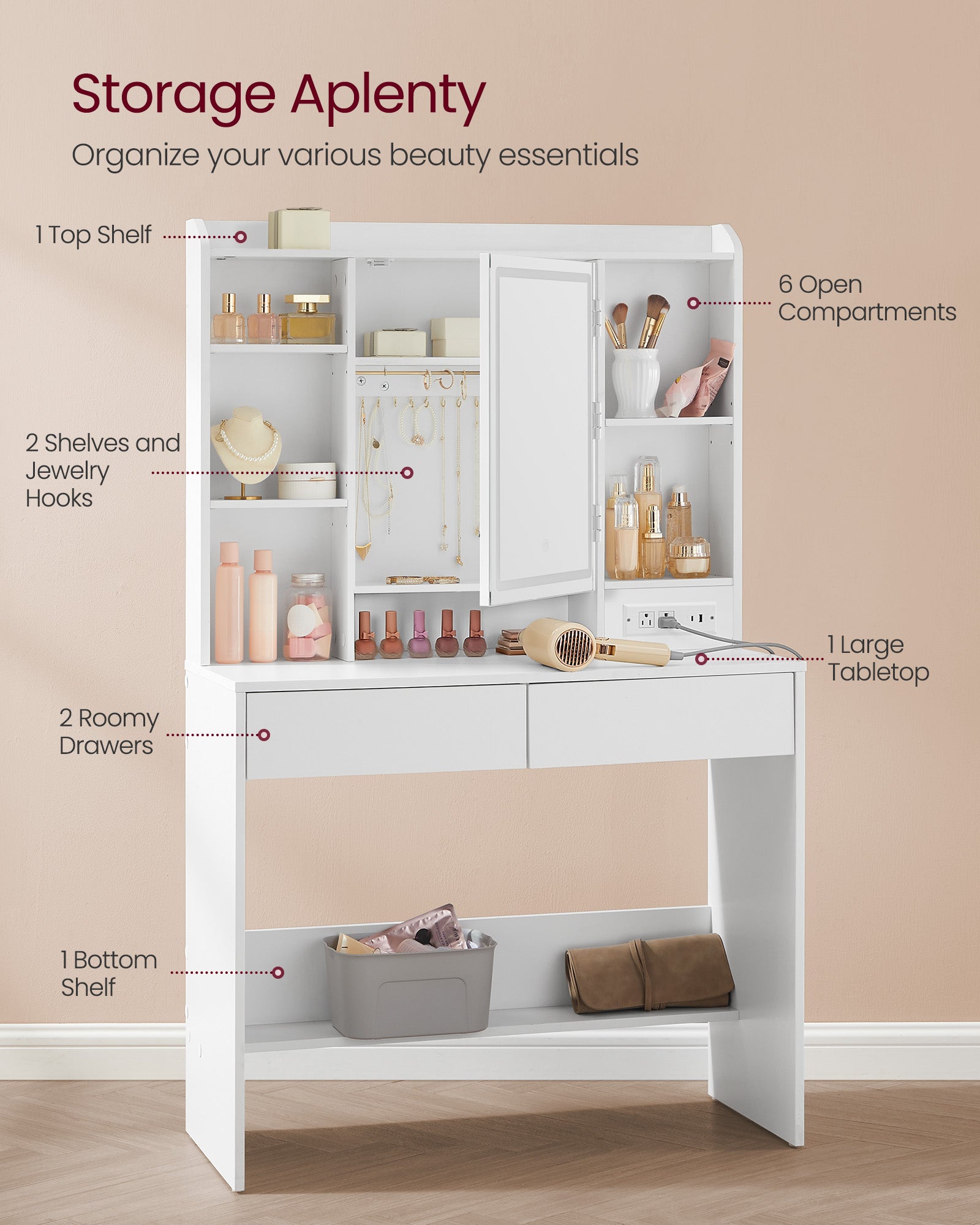 Vanity Table, Lighted Mirror, Stool, Adjustable LED, Storage, Jewelry Shelves