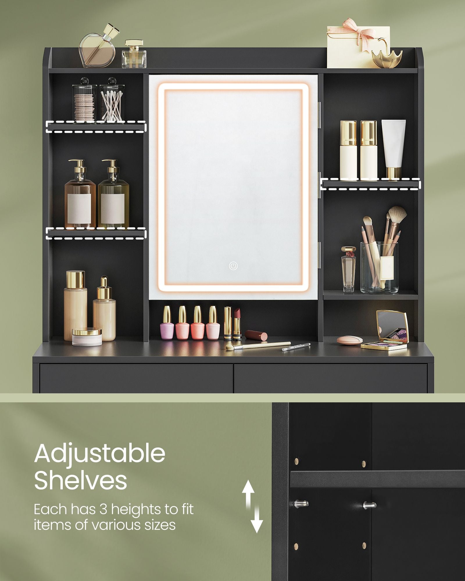 Vanity Table, Lighted Mirror, Stool, Adjustable LED, Storage, Jewelry Shelves