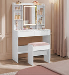 Vanity Table, Lighted Mirror, Stool, Adjustable LED, Storage, Jewelry Shelves