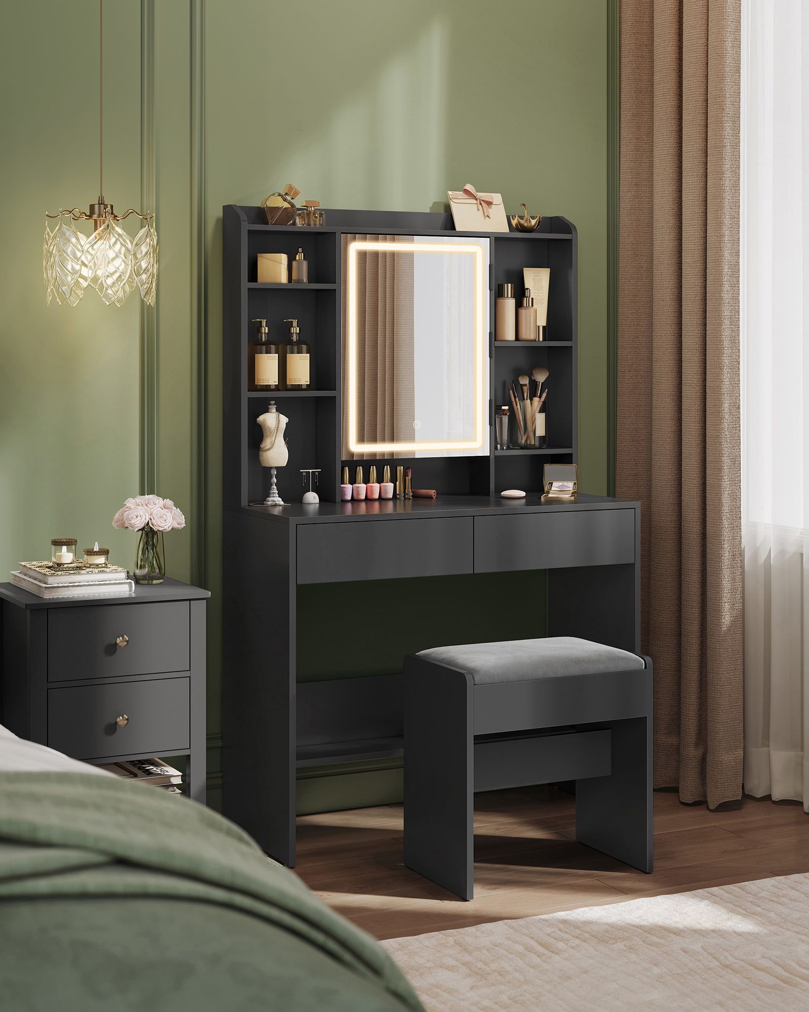 Vanity Table, Lighted Mirror, Stool, Adjustable LED, Storage, Jewelry Shelves