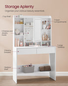 Vanity Table, Lighted Mirror, Stool, Adjustable LED, Storage, Jewelry Shelves