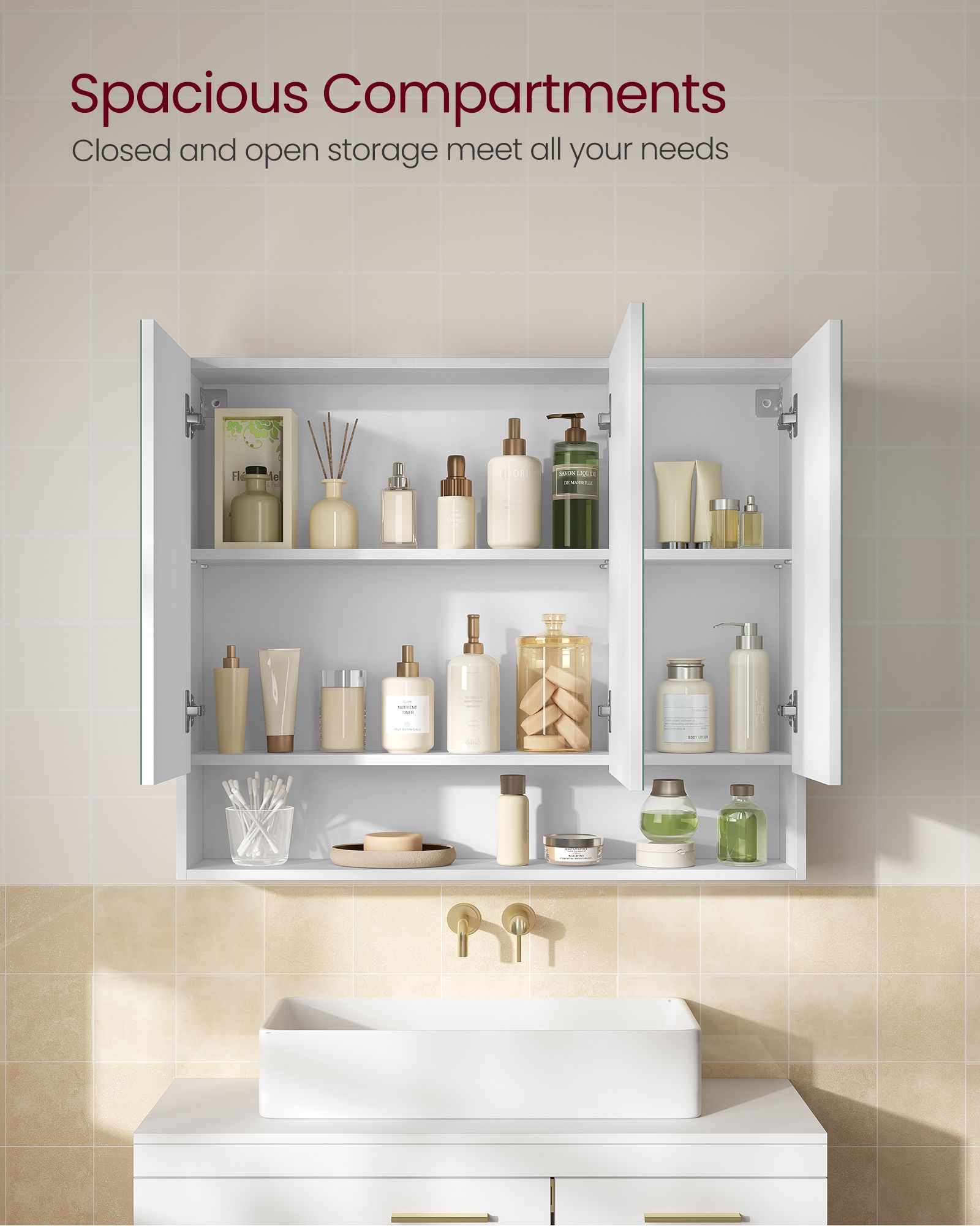 Wall-Mounted Bathroom Mirror Cabinet – Open & Closed Storage – 2 Sizes Available